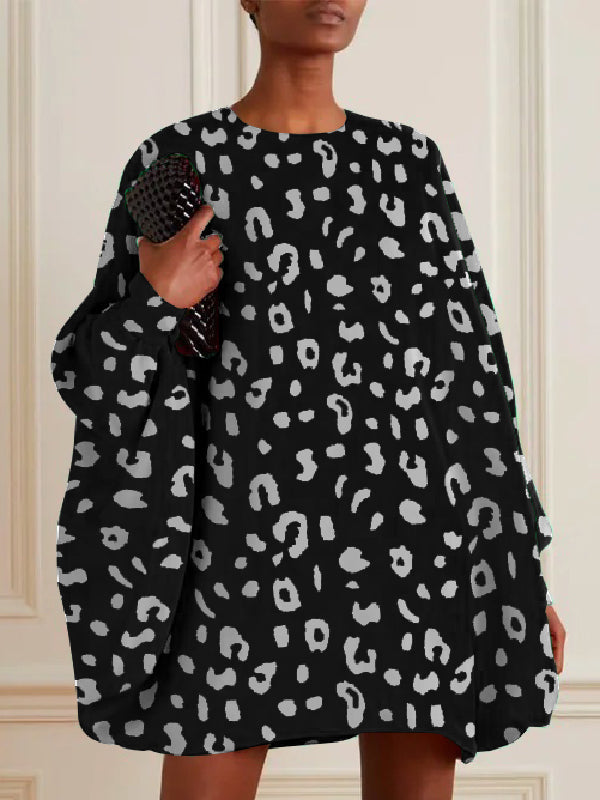 Batwing Sleeves Long Sleeves Leopard Round-Neck Mini Dresses
