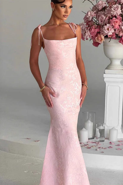 Tie-Shoulder Jacquard Floral Mermaid Maxi Formal Gown