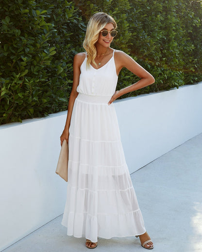 Remembered Always Swiss Dot Peplum Maxi Dress - White - FINAL SALE