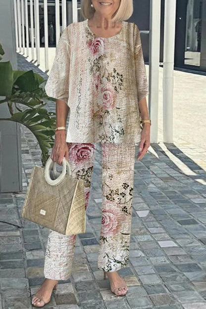 Fashion Round Neck Half Sleeve Loose Top and Elastic Waist Casual Straight Pants Set