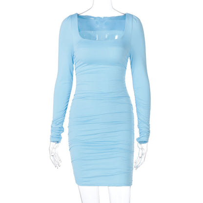 Popular Square Collar Pleated Brushed Long Sleeve Slim Dress