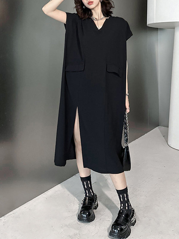 Loose Short Sleeves Asymmetric Solid Color Split-Joint Split-Side V-Neck Midi Dresses