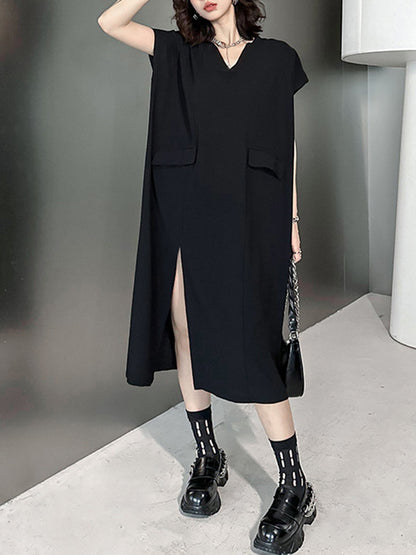 Loose Short Sleeves Asymmetric Solid Color Split-Joint Split-Side V-Neck Midi Dresses