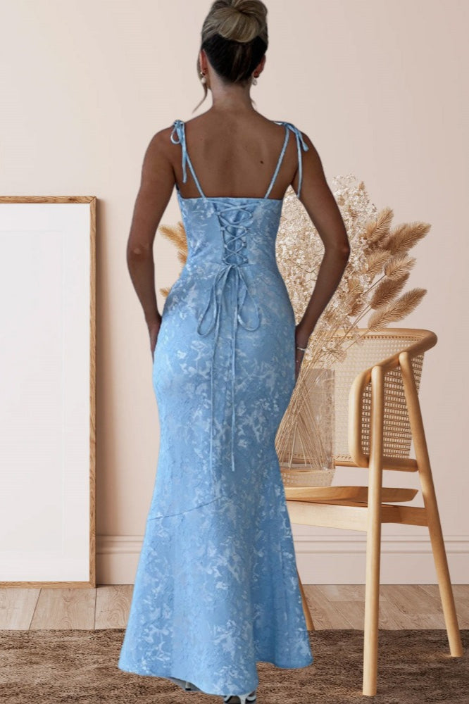 Tie-Shoulder Jacquard Floral Mermaid Maxi Formal Gown