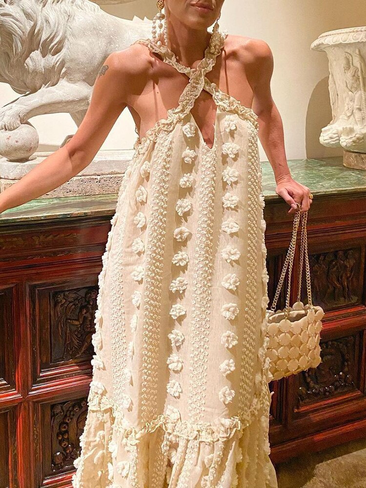 Halter Neck Crossfront Keyhole Tiered Pom Applique Embellished Maxi Dress