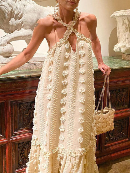 Halter Neck Crossfront Keyhole Tiered Pom Applique Embellished Maxi Dress