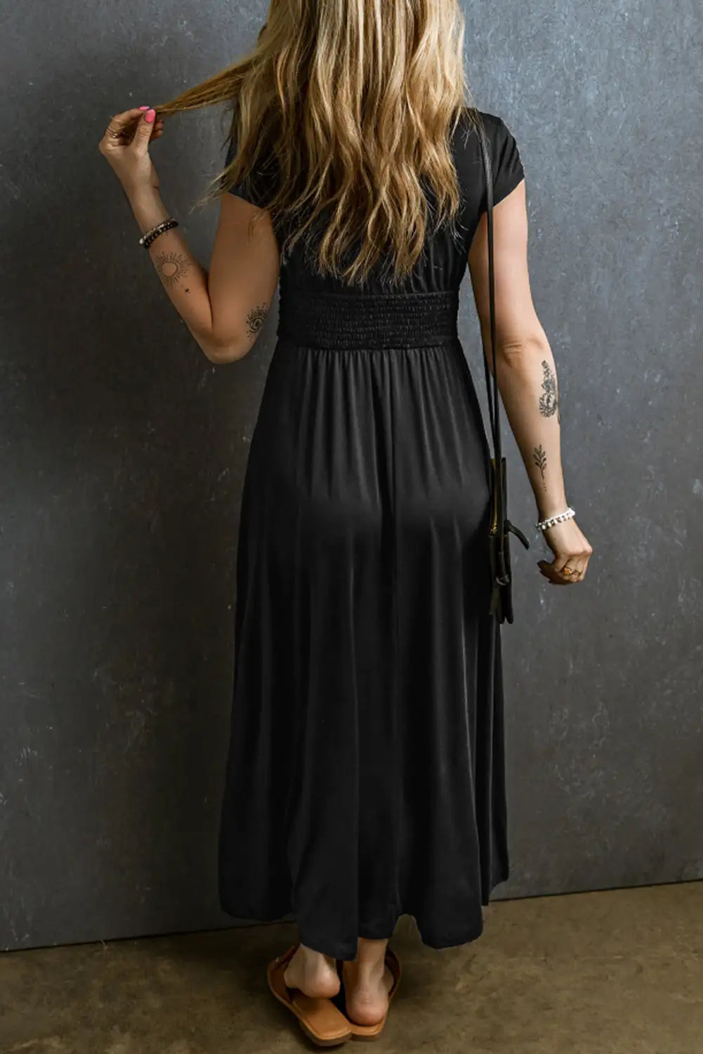 black shirred high waist v neck maxi dress