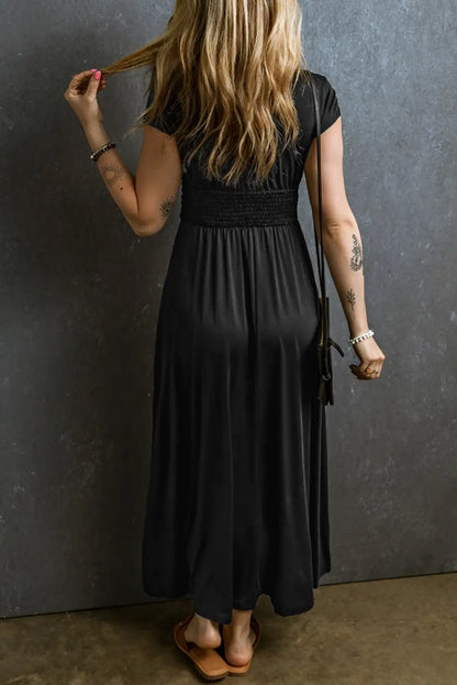 black shirred high waist v neck maxi dress