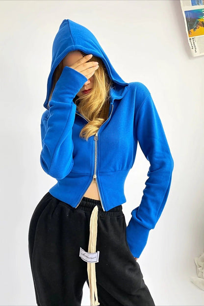 Solid Dual Zipper Slim Cropped Hoodie