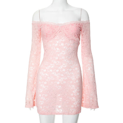 TARUXY Sexy Off Shoulder See-Through Lace Dress For Women Long Sleeve Elegant Slim Solid Splice Beach Evening Mini Dress Female