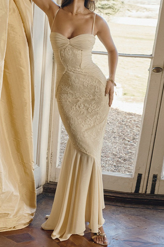 Sweetheart Spaghetti Strap Lace Panel Ruched Mermaid Maxi Gown