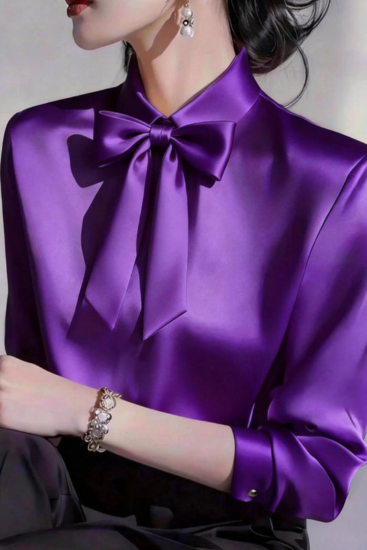 Solid Color Lapel Bow Tie Long-sleeved Casual Shirt