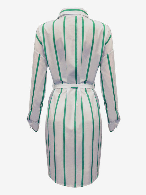 Shirt Midi Dress Green Turndown Collar Lace Up Long Sleeves Stripes Dresses