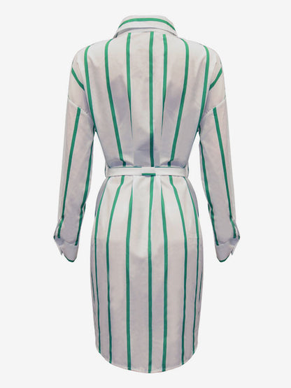 Shirt Midi Dress Green Turndown Collar Lace Up Long Sleeves Stripes Dresses