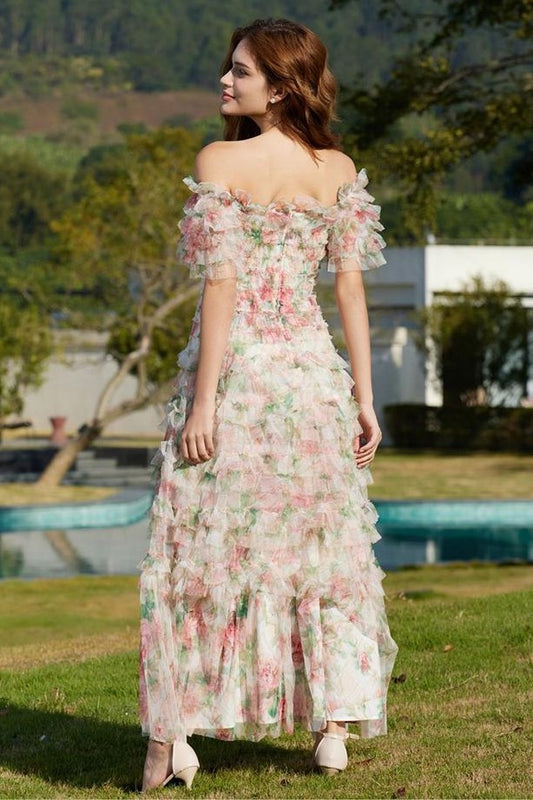 Floral Frill Off-Shoulder Midi Dress