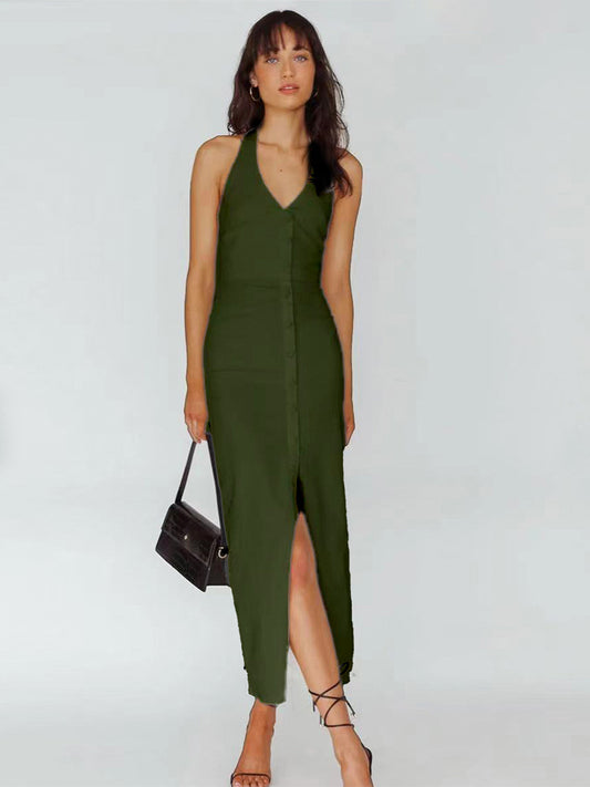 Plain Halter Dress Buttons V-Neck Backless Slit Convertible Party Midi Dresses