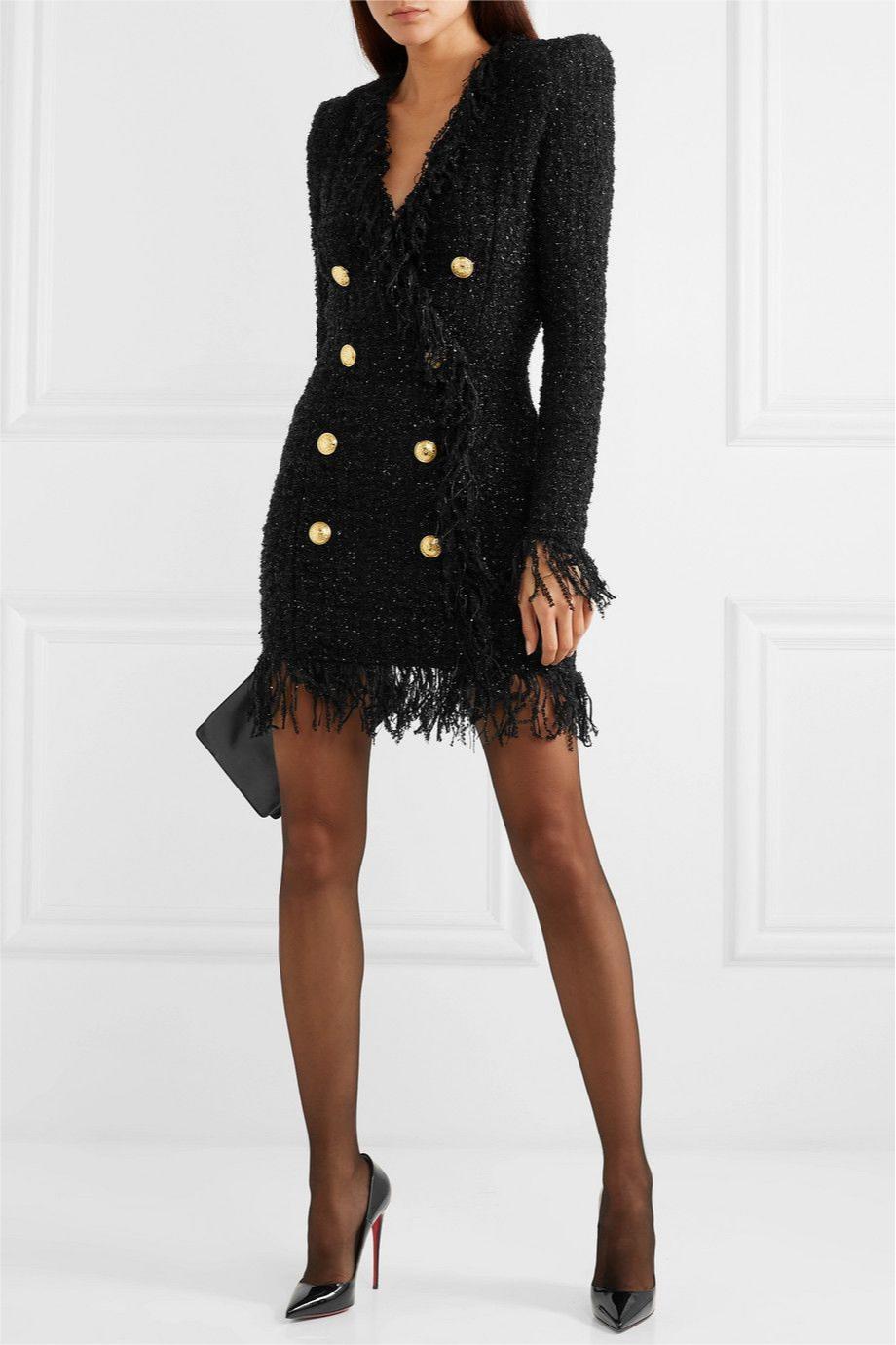 Tassel Hem Metal Button V-Neck Mini Dress