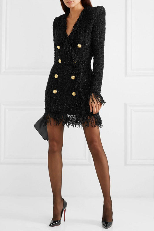 Tassel Hem Metal Button V-Neck Mini Dress