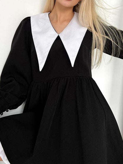 Long Sleeves Loose Contrast Color Pleated Tiered Peter Pan Collar Mini Dresses