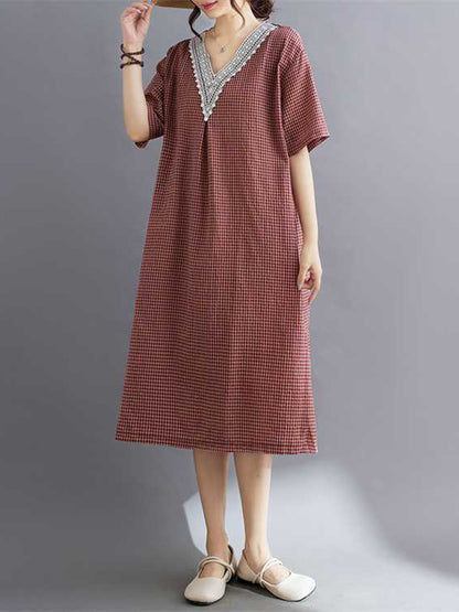 A-Line Half Sleeves Plaid Pleated Split-Joint V-Neck Midi Dresses