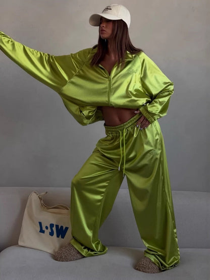 Zippered Loose Sweatshirt Jacket And Wide-Leg Pants Two-Piece Set
