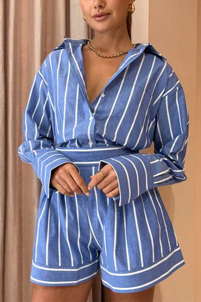 Margovil Striped Long Sleeves Curve Hem Shirt and High Rise Shorts Set