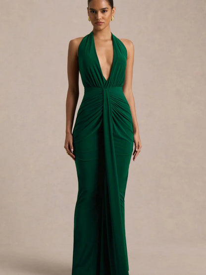 V-neck Halter Temperament Pleated Hip-hugging Big Backless Midi Dresses