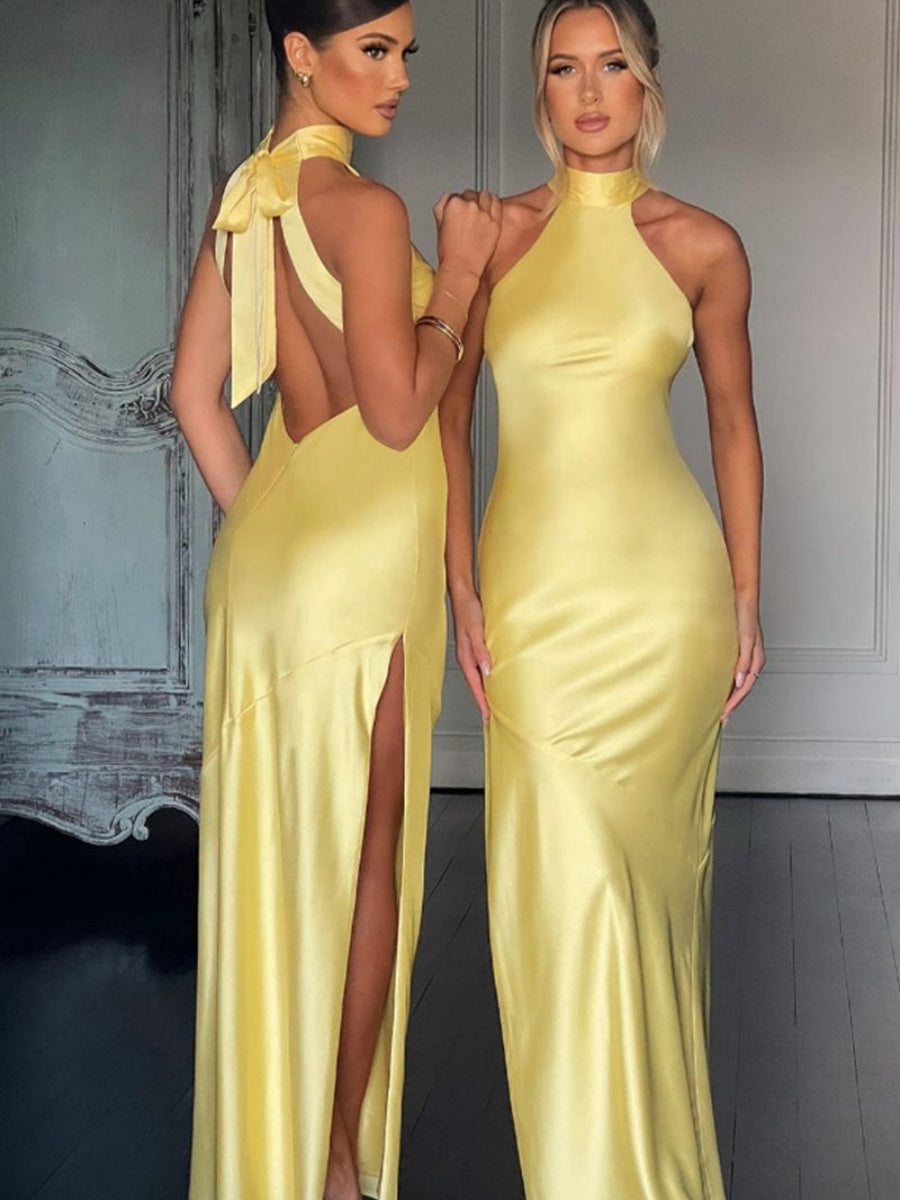 Halter Slits Satin Maxi Dresses