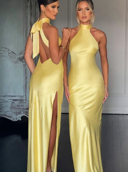 Halter Slits Satin Maxi Dresses