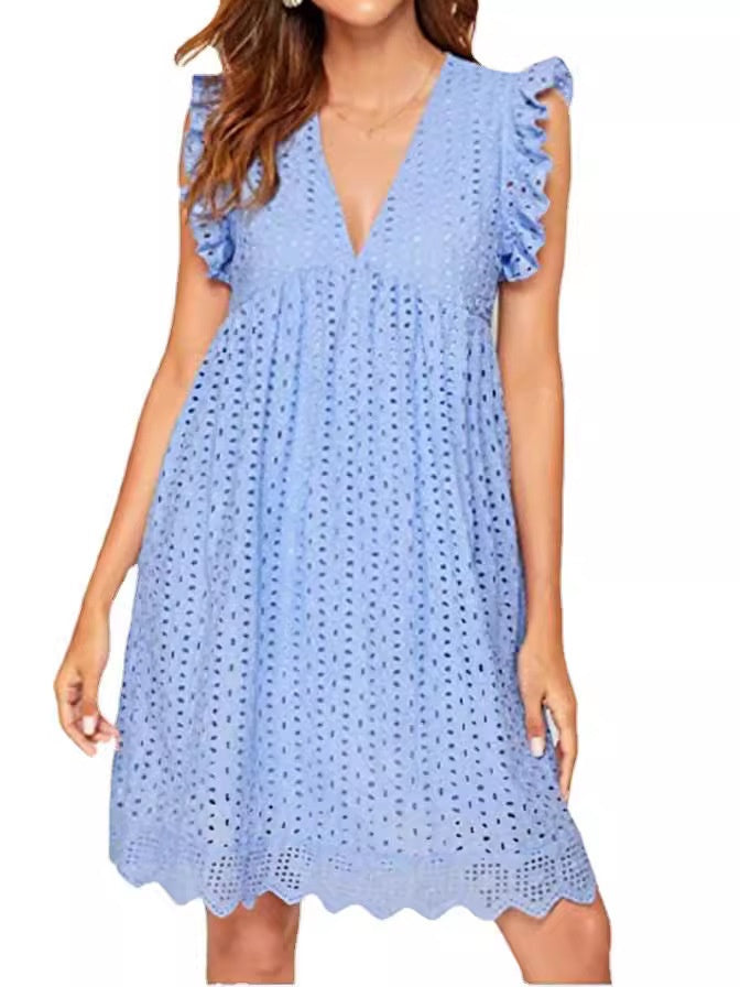 Lace Jacquard Openwork V-neck With Ruffles Solid Color Mini&Short Dresses