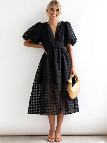 Balloon Sleeve Color Hollow Temperament Midi Dresses