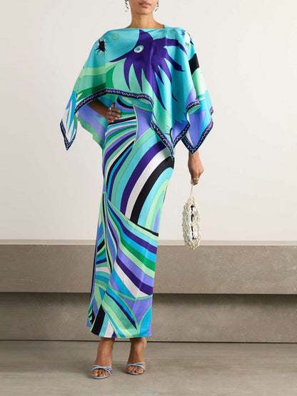 Abstract Irregular Print Shawl Dress Two-piece Set