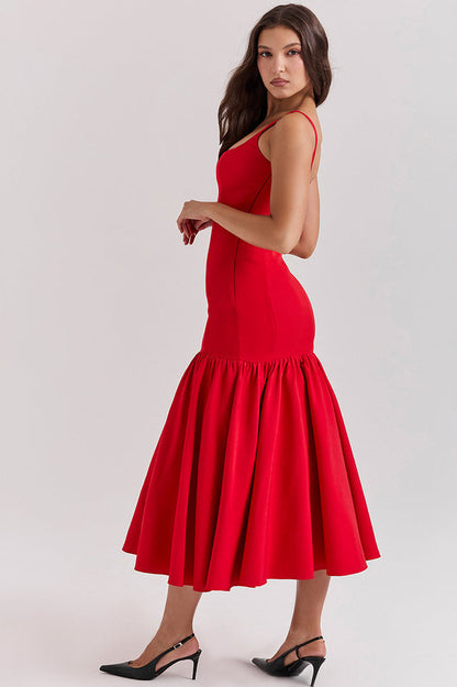 Scoop Neck Princess Seam Dropped Waist Flared Trumpet Midi Dress