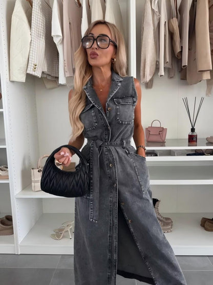 Sleeveless Tie-waist Single-breasted Denim Maxi Dress