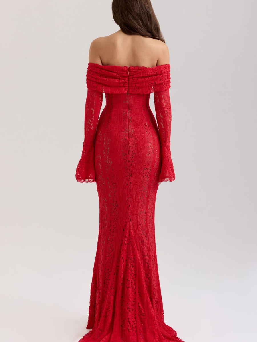 Lace Hollow Off Shoulder Flared Sleeves Hip-hugging Maxi Dresses