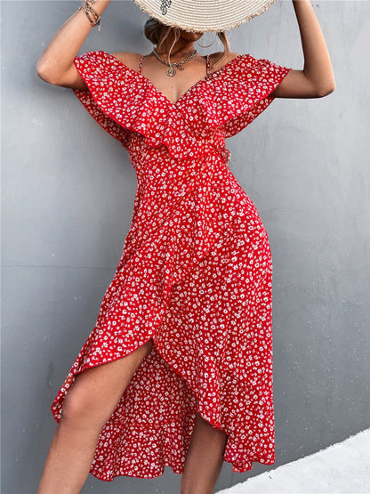 Off-the-shoulder Floral Print Sundress With Ruffles, Midi Length
