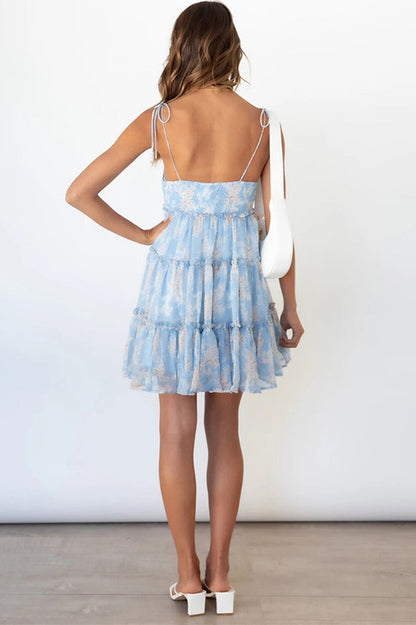 Tie Shoulder Bow Strap Ruched Empire Waist Tiered Ruffle Floral Mini Dress