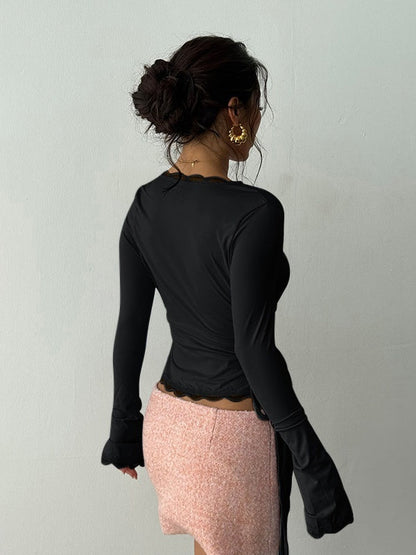Lace-trimmed V-neck Tie-up Long Sleeves T-shirts