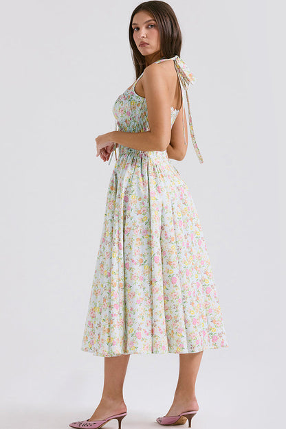 Halter Sweetheart Neck Lace Trim Ditsy Floral Corset Bodice Midi Dress