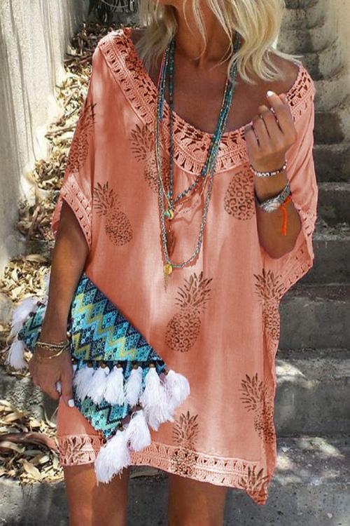 Margovil V Neck Hollow Out Pineapple Printed Batwing Beach Dress