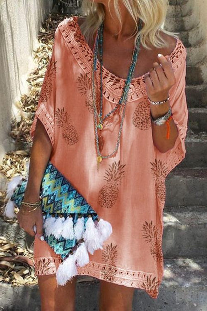 Margovil V Neck Hollow Out Pineapple Printed Batwing Beach Dress