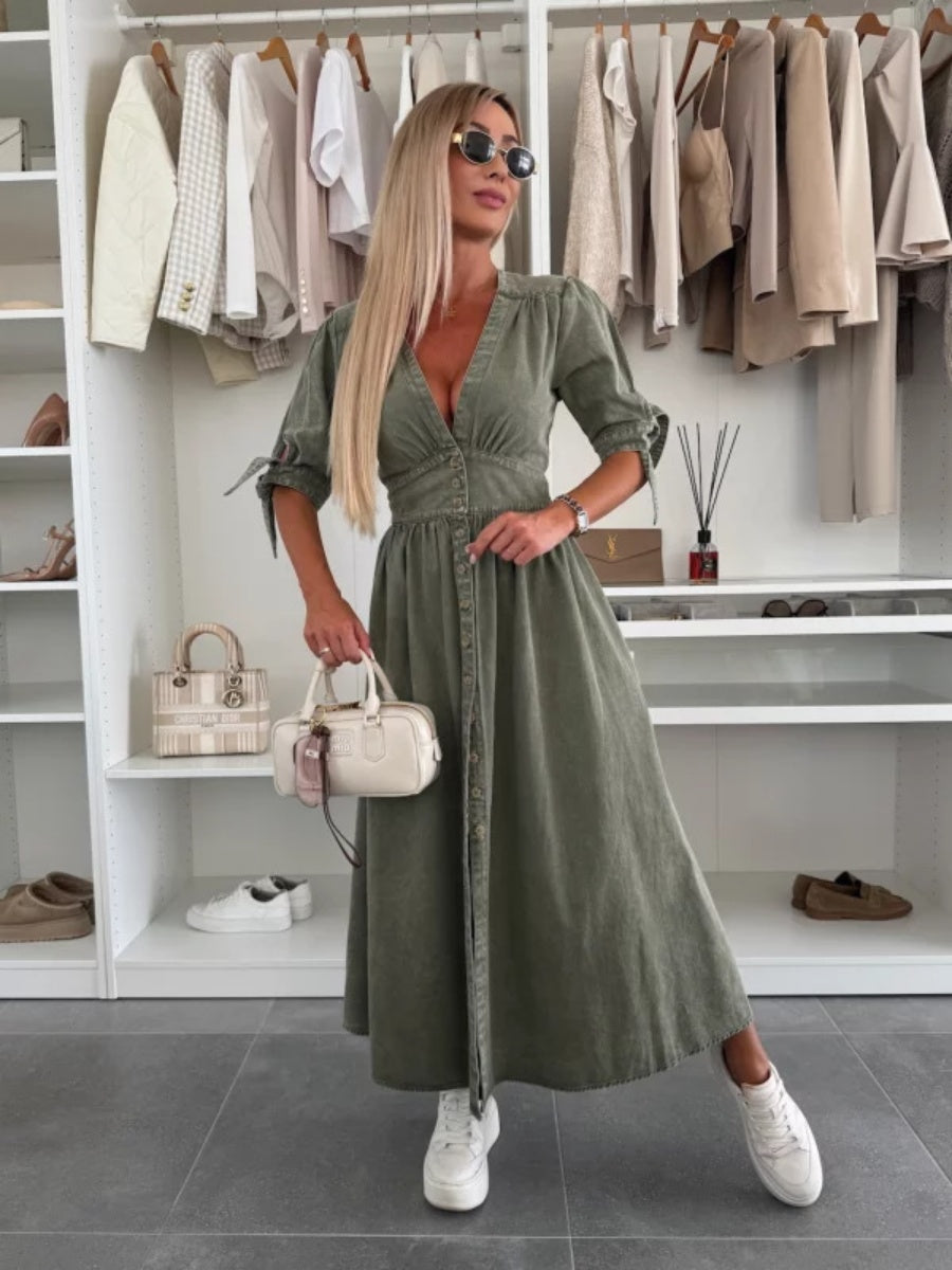 V-neck Short-sleeved Loose-fitting Denim Button-down Long Dress