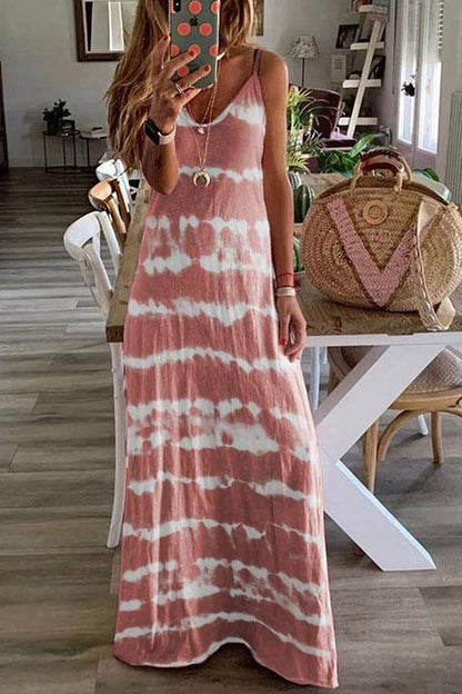 Tie-Dye Print Spaghetti Strap Deep V-Neck Boho Maxi Dress