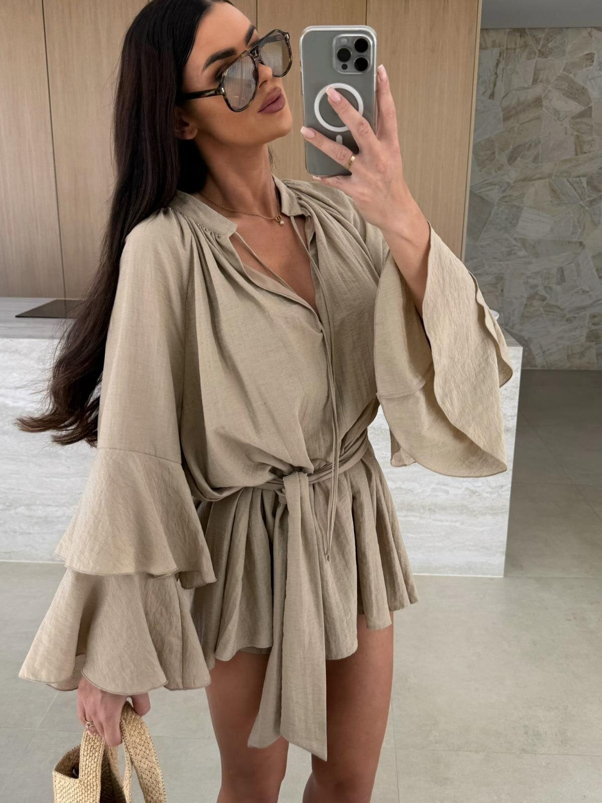 V-neck, Irregular Tie-waist, Long-sleeved, Loose-fitting Short Dress