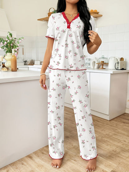 Heart-print V-neck Short-sleeved Trousers Loungewear Set