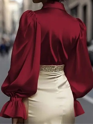 Puff Sleeve Long-sleeved Collared Satin Shirt