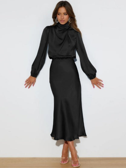 Satin Long Sleeve Zipper Solid Color Maxi Dresses