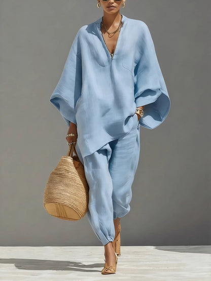 Solid Color Batwing Sleeves, V-neck, Loose Pockets 2-piece Sets