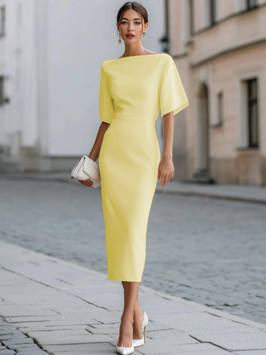 Grace One-shoulder Collar Mid-length Sleeves Slim-fit Midi Dresses