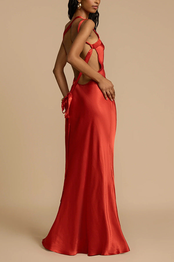 Zippered Single Shoulder Satin Maxi Dresses